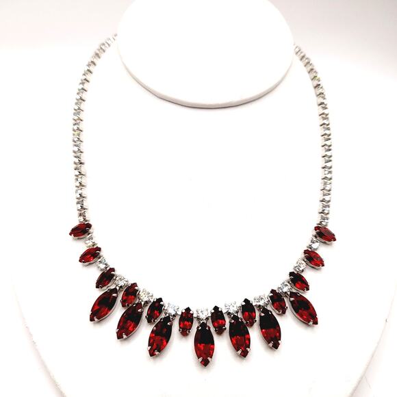 B. David Vintage Red Rhinestone Choker Necklace, Rhodium Plated, 1950s - Picture 1 of 9